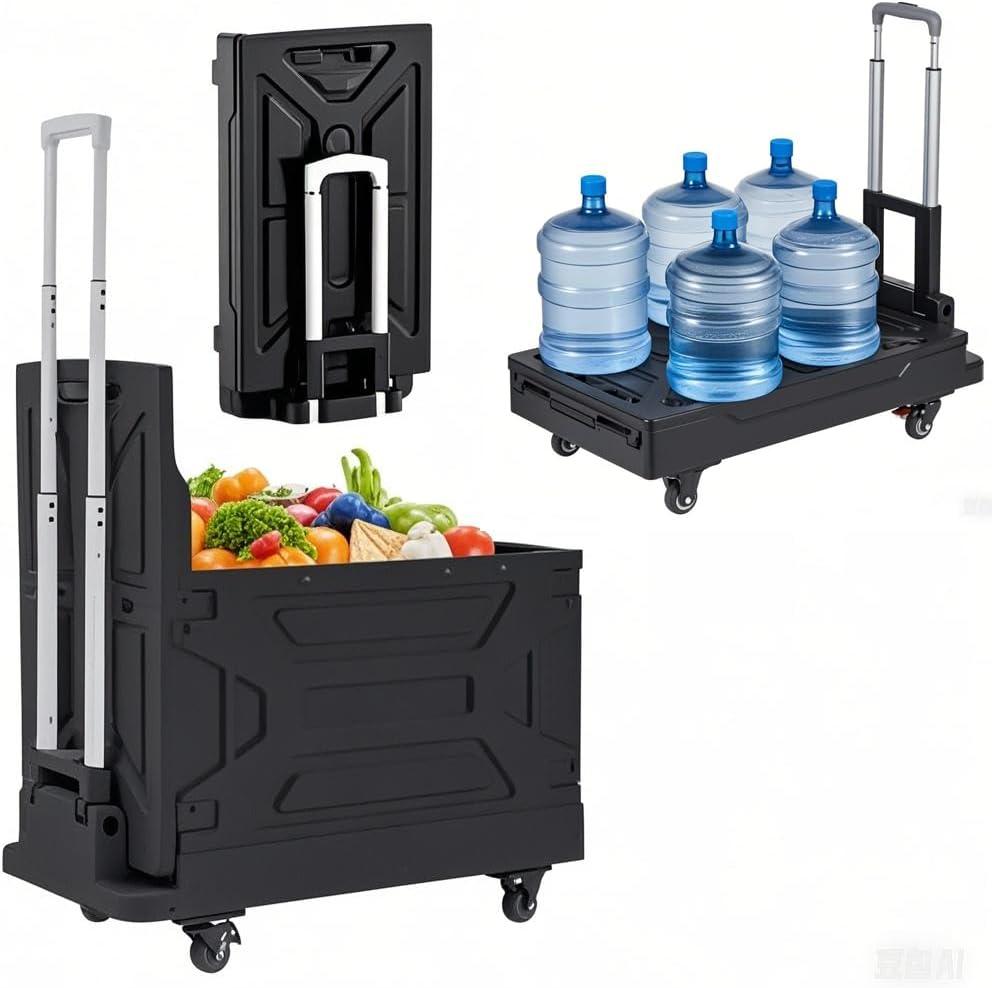 VECELO Foldable Shopping Cart with Wheels, Collapsible Rolling Crate for Groceries, Folding Storage Box with Handle, Three Modes of Use, Ideal for Teacher, Trip, Outdoors, Etc., 16GAL, Black