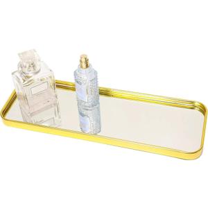 Luxury Mirrored Vanity Tray, Large Rectangular Stainless Steel Perfume Organizer, Gold Glass Mirror Decorative Tray for Makeup, Jewelry, Dresser, Bathroom Countertop (Gold)