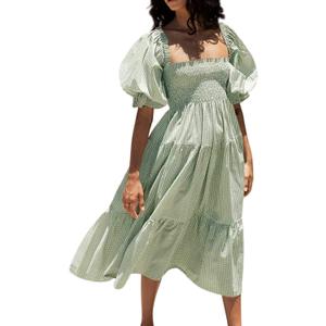 R.Vivimos Women's Summer Cotton Plaid Puff Sleeves Bow Casual Off-Shoulder Boho Midi Dress (Small) R.Vivimos Women's Summer Cotton Plaid Puff Sleeves Bow Casual Off-Shoulder Boho Midi Dress (Small)