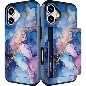 Compatible for iPhone 16 Plus Case Cute with Card Holder Shockproof Slim Slot Phone Wallet Cover for Women/Blue Pink Marble Natural Stone Swirls Painting Abstract