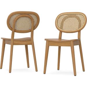 SIMPLIHOME Rachel Dining Chairs - Mid-Century Modern Solid Beech Wood Frame and Natural Rattan Chair Set in Natural, Dining Room Seating with Curved Cane Backrest and Open Frame Design (Set of 2)