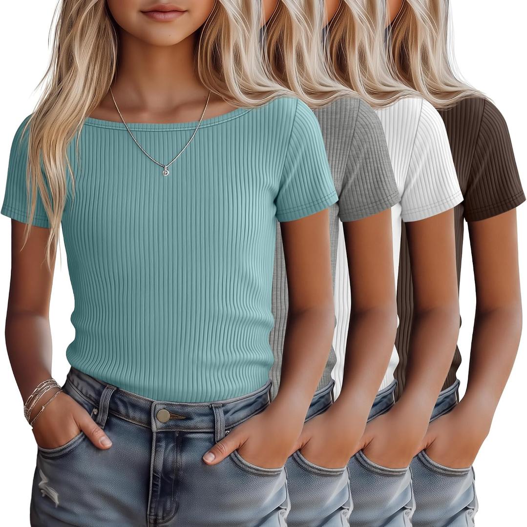 4 Pack Girls Short Sleeve Shirts Ribbed Knit Cotton Boat Neck Slim Fit Tops Basic Casual Cute Tees for 5-14 Years