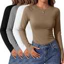 Oakgarden 4 Pack Women's Long Sleeve Shirt Slim Fit Crew Neck Tops Casual Basic Stretch Cotton Blend Fall Going Out Outfits (Black, Light Gray, White, Khaki), S