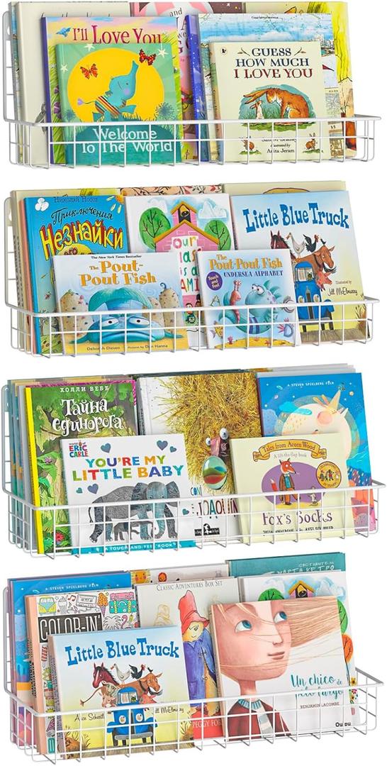 4-Pack Wall Mounted Metal Kids Bookshelf, Floating Book Shelves for Kids Nursery Toddler Bedroom Classroom, Hanging Book Shelf Storage Organizer for Room Decor, White