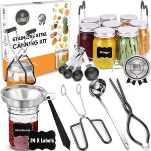 Canning Supplies Starter Kit, Stainless Steel Canning Set Tools: Rack, Ladle, Measuring Spoons, Funnel, Tongs, Jar Lifter, Lid Lifter & Accessories for Canner/ Pot, Beginner, Home Canning Kit - Black