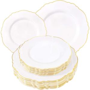 WDF 60pcs White and Gold Plastic Plates - Baroque White With Gold of 30 Heavy Duty Gold dinner plates 10.25inch, 30 Salad Plates 7.5inch Perfect for Weddings/Party/Father's Day