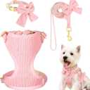 Cute Small Dog Collar Harness and Leash Set, Soft Adjustable No Choke Escape Proof Pet Harness Vest with Secure Metal Buckle, Breathable Soft Mesh Padded Dog Vest for Dogs Cats Pink Pack of 3