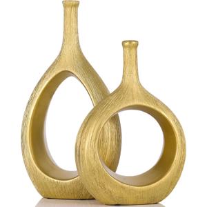Brushed Gold Ceramic Vase Set 2,Modern Hollow Circle with Hole Flower Vase for Home Decor,for Table Centerpieces,Farmhouse,Fire Place,Living Room,Bedroom,Office,Bookshelf,Rustic Decor