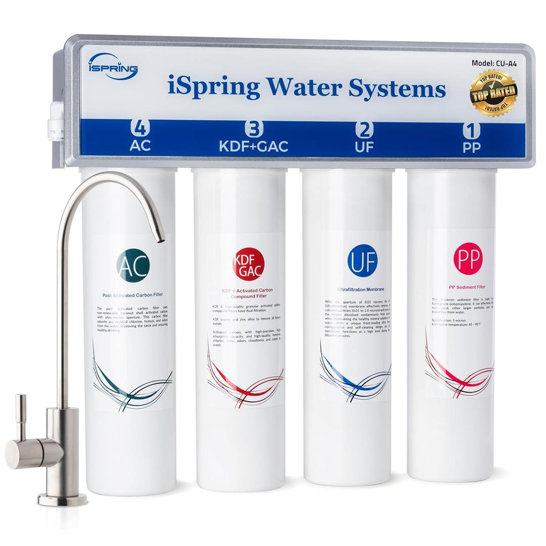 iSpring CU-A4 0.01m Ultra-Filtration Under Sink Water Filter System, Tankless 4-Stage High Capacity, Remove 99.99% Contaminants, Quick Filter Change with Brushed Nickel Faucet, White