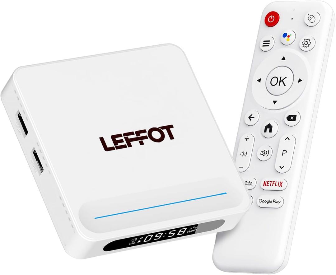 Android 14.0 TV Box 2025, LEFFOT H618 Plus 4K UHD Streaming Device for TV, 4GB RAM + 128GB ROM, Support Gogle Assistant Voice Remote, HDR 10, 2.4G & 5G WiFi 6, BT 5.4, Allwinner H618 Quad-Core A53