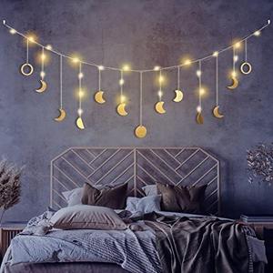 Moon Phase Wall Decor with LED String Light, 13 Gold Wood Boho Wall Hanging Decor Mood Garland 56'' - Celestial Phases Moon Decoration in Bohemian Style for Bedroom Home Living Room Fall Art Gifts