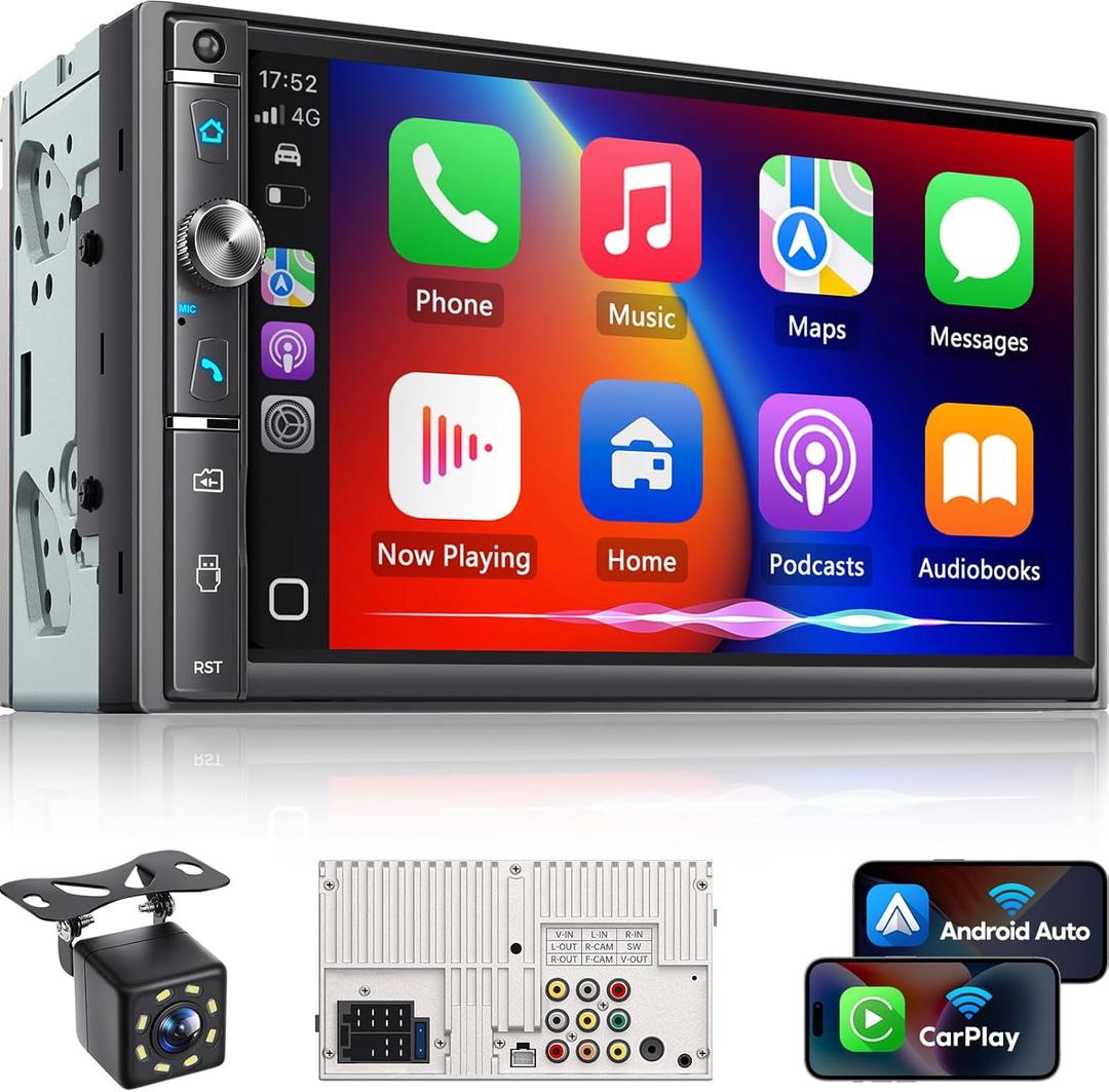 Double Din Car Stereo with 7" HD Touchscreen, Wireless Apple Carplay & Android Auto, Bluetooth, 240W, SWC, Subwoofer Output, Mirror Link, FM/AM Car Radio Receiver, Backup Camera