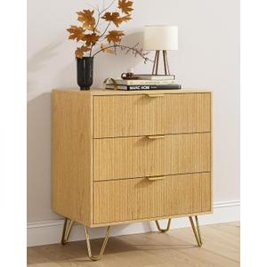 Oak Dresser for Bedroom, Modern Fluted 3 Drawer Dresser with Storage, Dresser Chest of Drawers with Gold Handles for Bedroom, Living Room, Closet, Hallway, 15.8" D x 23.6" W x 27.6" H