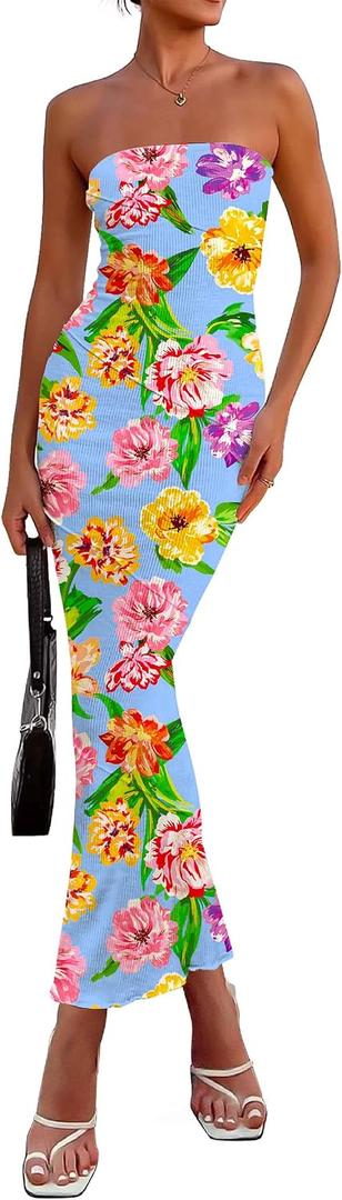 PRETTYGARDEN Women's 2026 Summer Floral Bodycon Maxi Dresses Ribbed Strapless Tube Casual Boho Party Long Dress (Blue, XXXL)