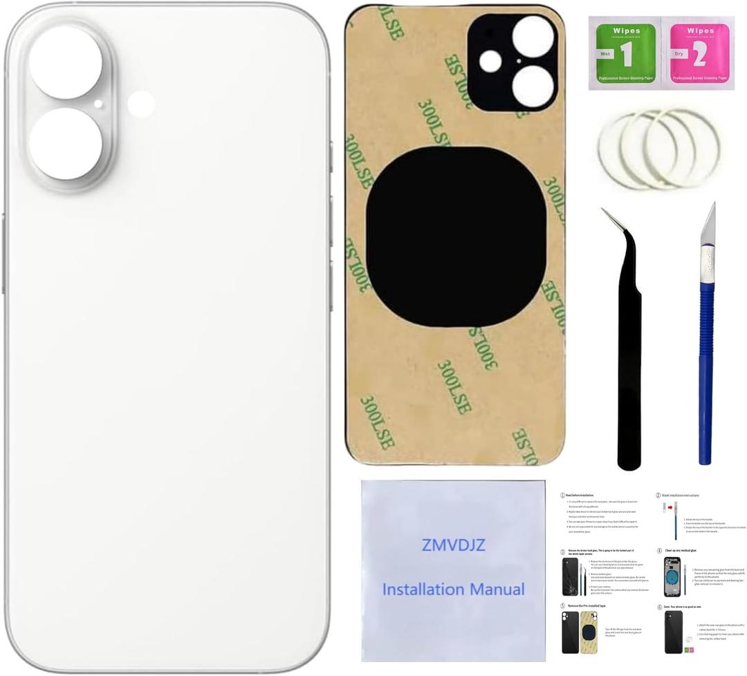 16 Plus Back Glass Replacement for iPhone 16 Plus Back Cover Glass (White, 6.7 inches) with Pre-Installed Tape +Installation Instruction + Repair Tools (White)