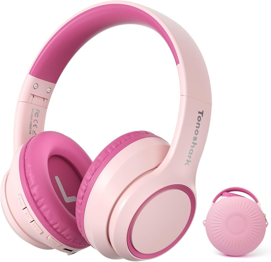 TONOSHARK Kids Bluetooth Headphones with Active Noise Cancelling, Wireless OverEar Headphones for Boys Girls, Foldable, Adjustable, 40H Playtime, Mic for School Travel(Pink)