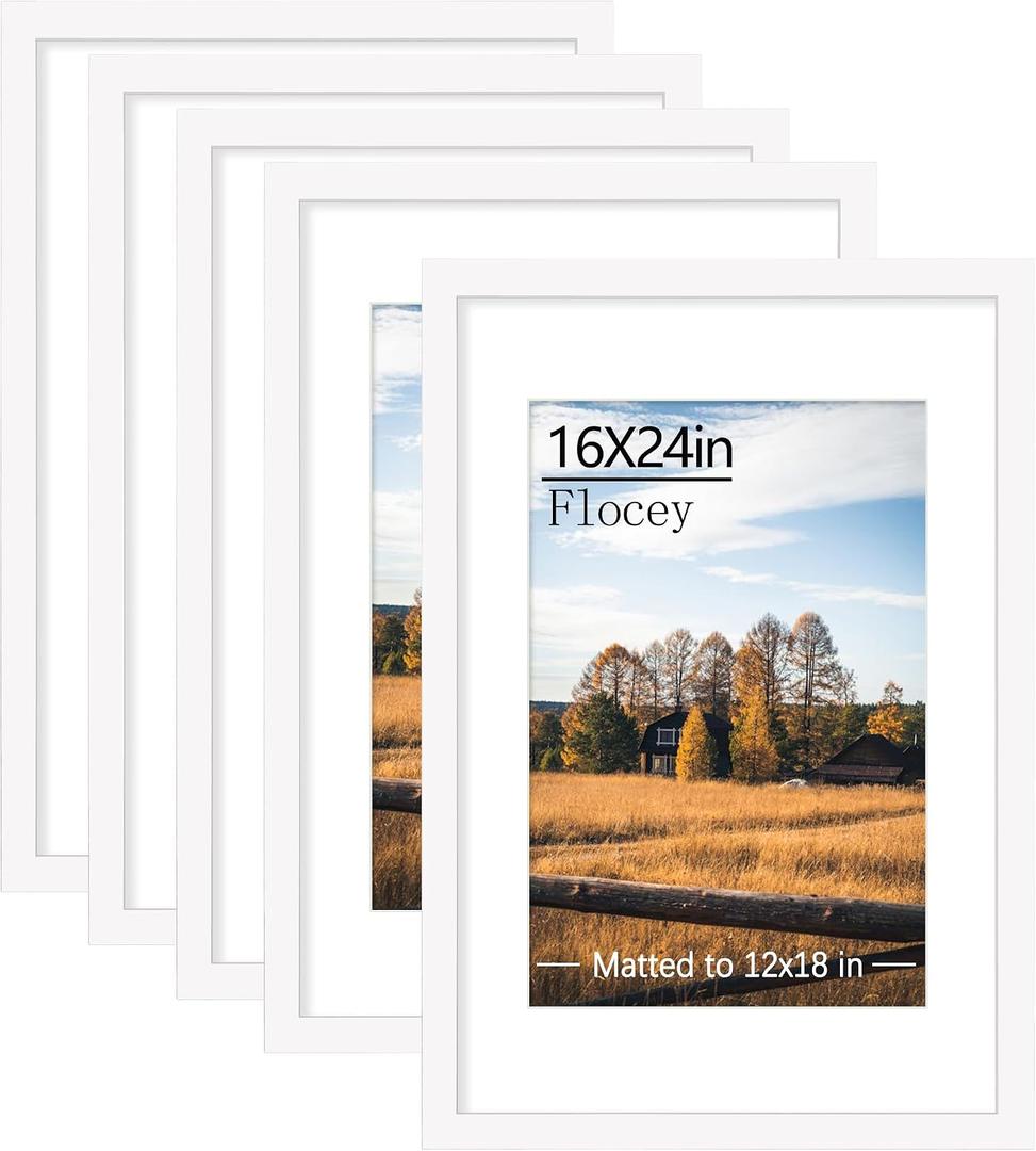 16x24 Picture Frame Set of 5, White Poster Frame, Display Pictures 12 x 18 with Mat or 16x 24 Without Mat for Horizontal or Vertical Wall Mounting, Wall Gallery Frame for Artwork, 16x24-5PACK