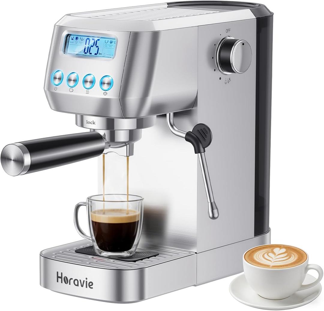 Espresso Machine 20 Bar, Compact Espresso Maker with Milk Frother, Stainless Steel Cappuccino & Latte Machine with LCD Screen, Adjustable Temperature, 44oz Water Tank for Home, Office