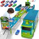 Carrier Truck Race Track Toddler Toys, Foldable 3 Layer Toddler Track Playset, Dinosaur Toy Truck Transport Car Carrier & 8 Race Cars, Truck Car Kids Toy Gifts for Age 3 4 5 6+ Year Old Boys Girls