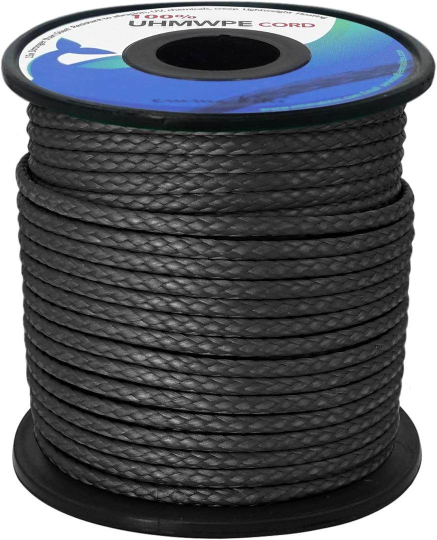 emma kites Hollow UHMWPE Braided Cord 1.3mm, 1.6mm, 2mm Spliceable for Tent Guyline Tarp Hammock Ridgeline Whoopie Sling Bear Bagging for Camping Backpacking (Black)