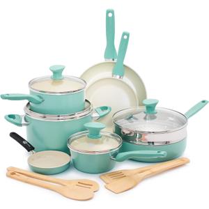 GreenPan Rio Healthy Ceramic Nonstick 13 Piece Cookware Pots and Pans Set, PFAS-Free, Dishwasher Safe, Turquoise