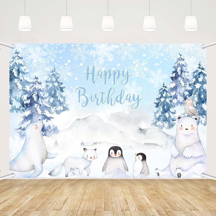 MEHOFOND 7x5ft Winter Happy Birthday Backdrop for Boy Winter Onederland Arctic Polar Animals 1st Birthday Party Decorations Photography Background Little Snowflake Photo Booth Banner