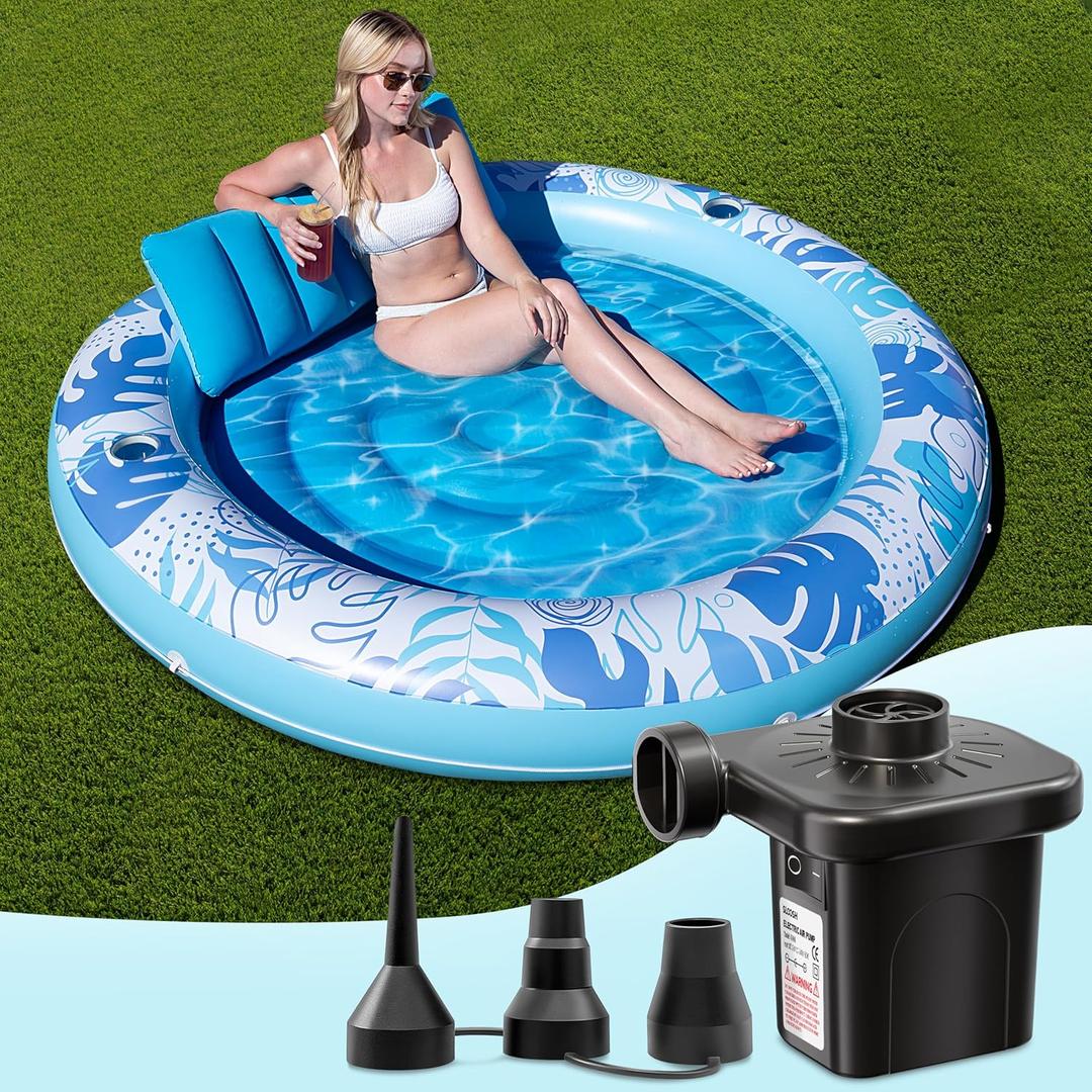 Sloosh Inflatable Tanning Pool & Electric Air Pump Set 72" x 65" Sun Lounger with Pillow, 2 Cup Holders, Grab Rope & Fast-Fill Pump for Pool, Beach,Blue Sloosh Inflatable Tanning Pool & Electric Air Pump Set 72" x 65" Sun Lounger with Pillow, 2 Cup Holders, Grab Rope & Fast-Fill Pump for Pool, Beach,Blue