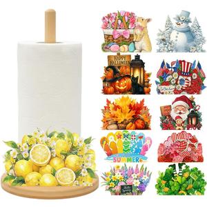 Bamboo Paper Towel Holder with 11 Set Interchangeable Holiday Signs, Rustic Kitchen Decor | Seasonal Countertop Stand for Christmas,Spring,Summer,Fall,Winter,Valentine's Day,Easter,Halloween,