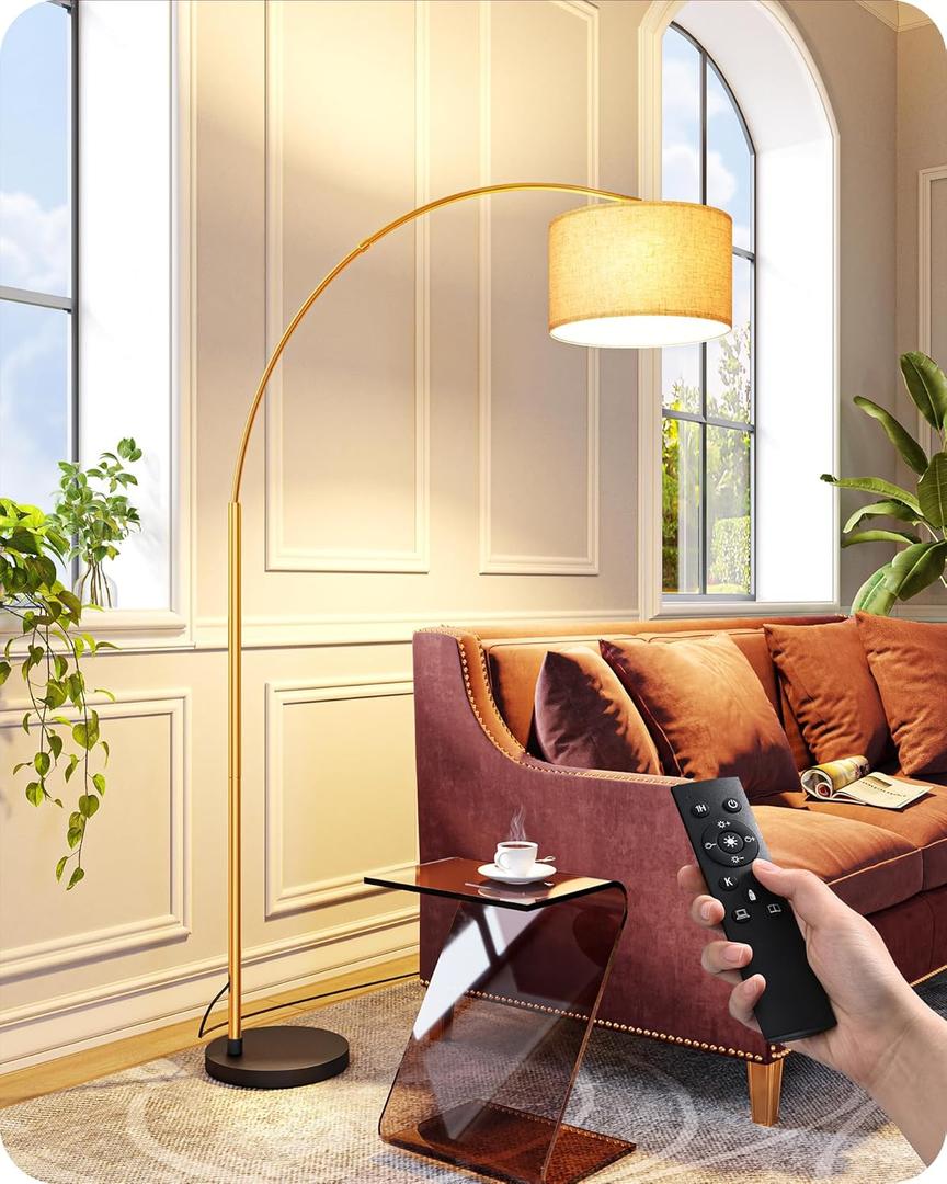 EDISHINE 78.3" Gold Arched Floor Lamp with Remote, Mid Century Modern Reading Light Over Chair, Tall Arc Standing Lamp for Living Room, Home Office, Reading Room, Dining Room, Dimmable Bulb Included