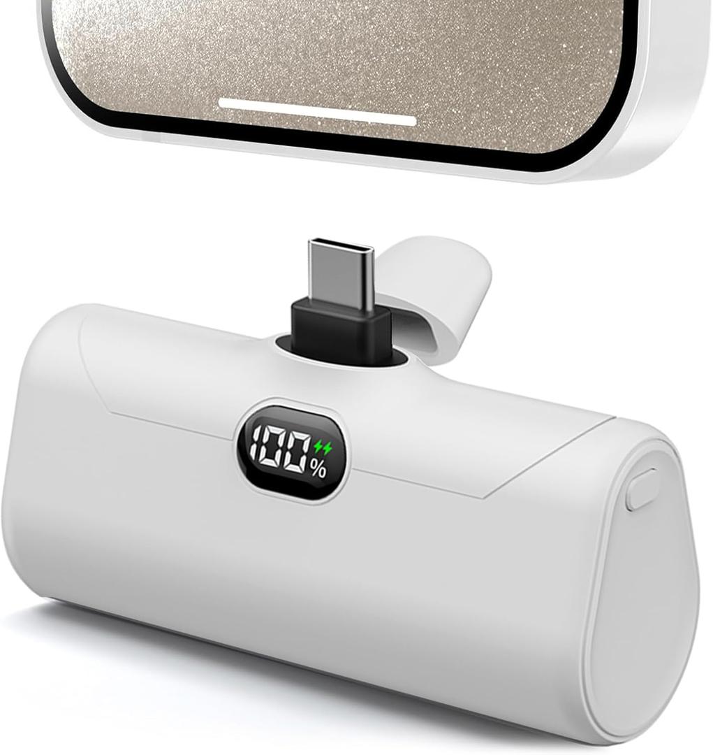 USB C Portable Phone Charger for iPhone 17 Pro Max, Mini Power Bank 5000mah with Digital Display & Duarable Kickstand for Type c Phones, Slim Backup Charger Battery for Samsung/Google-White