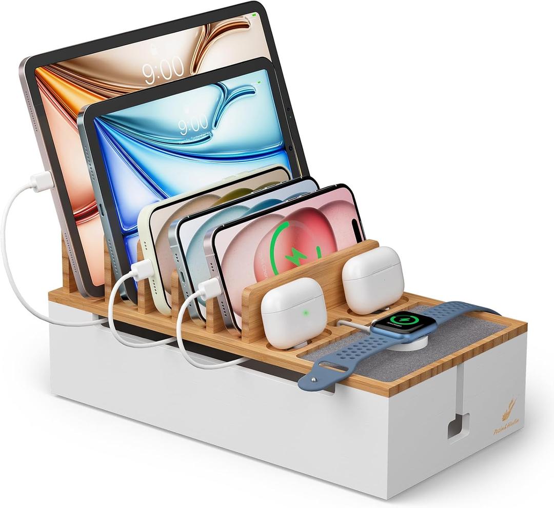 Pezin & Hulin Bamboo Cable Management Box, Wire Organizers for Cords, Charge Station Box, Desktop Dock Organizer Rack for Electronic Device (Include 6 Cables)(No Power Adapter) -Natural + White