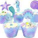 40 Pcs Mermaid Cupcake Wrappers Toppers, Include 20pcs Cake Topper and 20pcs Wrappers Double Side, Little Mermaid Theme Decoration, Under The Sea Birthday Baby Shower Party Favor