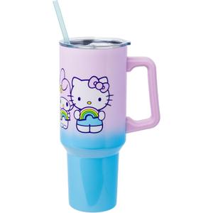 Silver Buffalo Sanrio Hello Kitty and Friends Featuring My Melody, Kuromi, Pompompurin Rainbow Ombre Double Walled Stainless Steel Tumbler with Handle and Straw, Fits in Standard Cup Holder, 40 Ounces