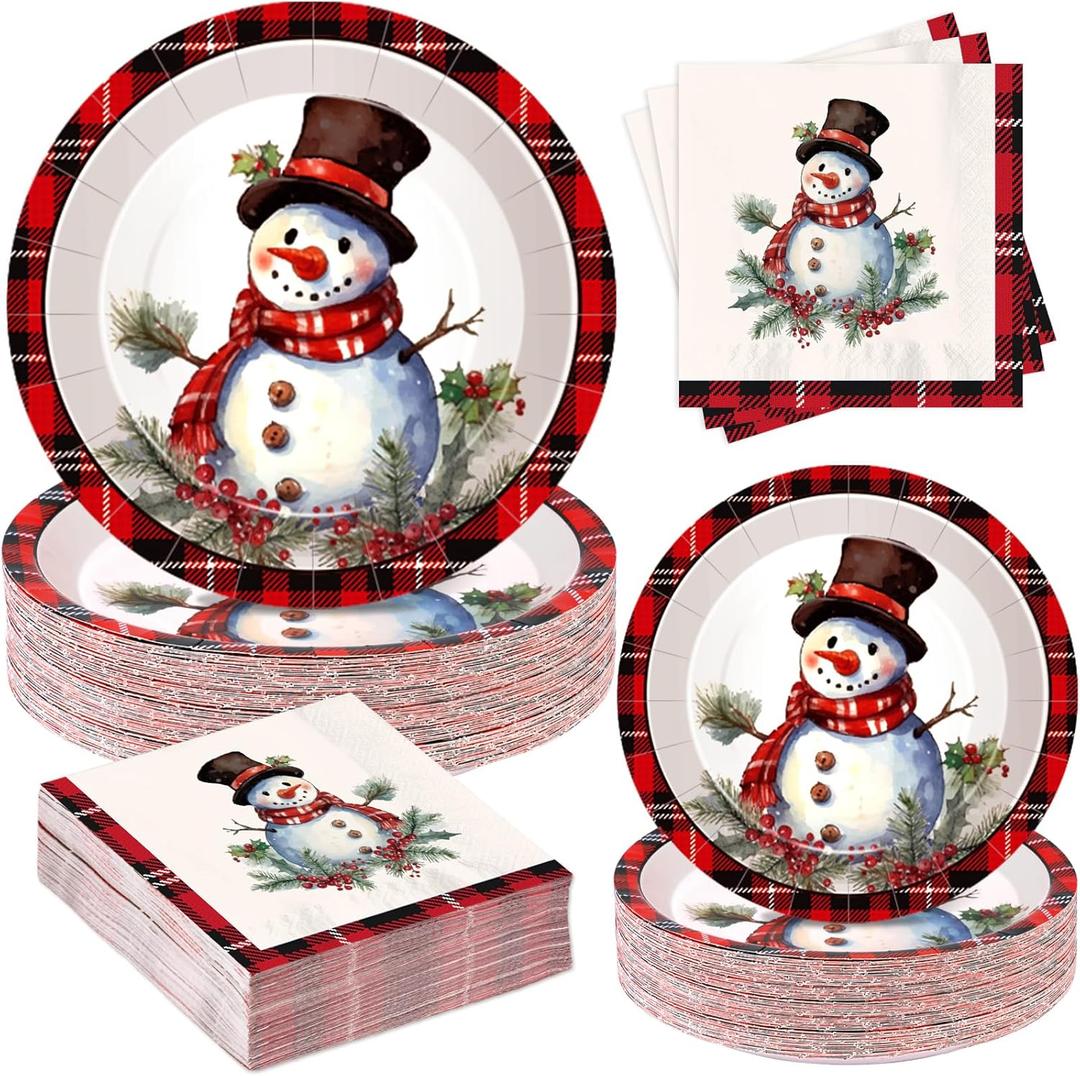 200Pcs Christmas Paper Plates and Napkins, Snowman Plates and Napkins, Xmas Party Decorations Supplies Disposable Holiday Dinnerware Set, Serves 50