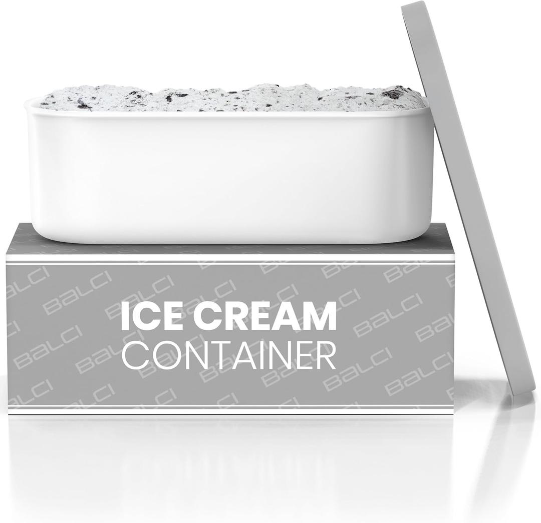BALCI - Ice Cream Container - 2 Quart - Perfect Reusable Freezer Storage for Homemade Ice Cream Tubs for Sorbet, Frozen Yogurt and Gelato! - Flexible Silicone Lids, Long Scoop, Stackable - Grey