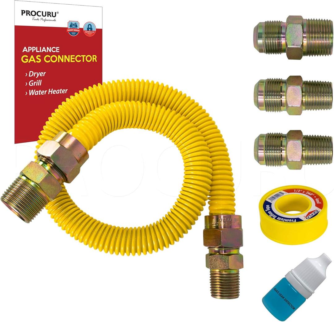 PROCURU 1/2" OD x 24" (2Ft) Universal Flexible Gas Connector Kit, SafeGuard Yellow-Coated Stainless Steel Gas Supply Pipe for Dryers, Bbq Grills, Water Heaters (Red-A1 Series)
