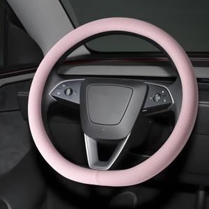 Microfiber Leather Universal 14.5-15 inch Steering Wheel Cover,Easy to Install Non-Slip Breathable Steering Wheel Protector Light Pink