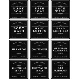 White Waterproof Soap Labels for Plastic/Glass Bottles, Bathroom/Kitchen Hand Soap Dispenser Label Stickers, Removable Cleaning Bottle Labels for Soap, Lotion, Shampoo Conditioner, 12Pack (Black)