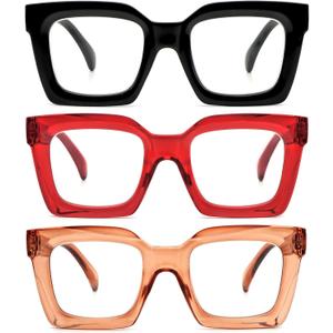 REAVEE 3 Pack Thick Frame Oversized Reading Glasses for Women Blue Light Blocking Computer stylish Readers with Spring Hinge (Black + Red + Brown)