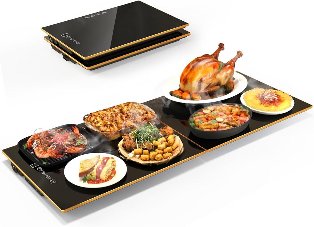 Food Warmers for Parties Buffet, 31.5"x12" Assemblable Stackable Electric Warming Tray with 8-Level Temperature Adjustment and 8-Hour Timer, Upgraded Desktop-Protecting Food Warming Mat (Black&Gold)