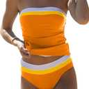 Beachsissi Bandeau Swimsuits for Women Strapless Swimwear Bathing Suits Tummy Control Color Block Tankini Sets (Medium, Orange)