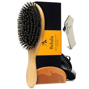 Belula Boar Bristle Hair Brush Set for Men - Soft Mens Hair Brush for Thin, Normal & Short Hair - Includes Wooden Comb, 2 Palm Brushes & Travel Bag - Best Hair Brushes for Men!