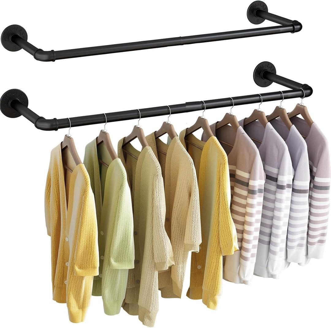 Wall Mounted Clothes Rack 21.06in, Industrial Pipe Wall Mount Clothing Rack, Heavy Duty Iron Garment Racks, Space Saver Multi-purpose Hanging Rod for Laundry Room, Closet Storage, 2 Packs