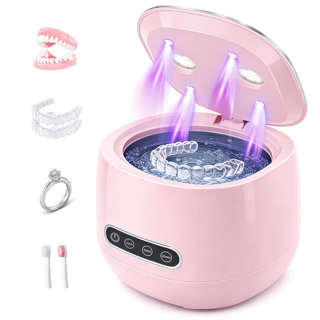 Dental Ultrasonic Retainer Cleaner Machine - 52kHz Dental Appliance Cleaner for Retainers, Dentures, Aligners, Mouth Guards, Toothbrushes & Jewelry, 200ML Pink, Quiet & Portable