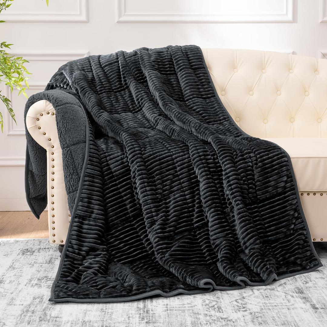 Sherpa Fleece Adult Weighted Blanket with Ribbed Stripes, 15 Pounds Dual Sided Soft Plush Blanket for Couch Bed Sofa, Heavy Thick Blankets with Glass Beads Great for Sleep, Dark Grey, 48" x 72"