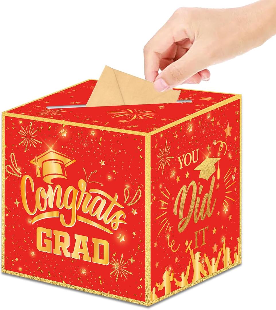 2 x Graduation Decorations 2026 Graduation Card Box Red Gold Congrats Grad Gifts Cardboard for Class of 2026 High School College Grad Party Decor 8.7 Inch