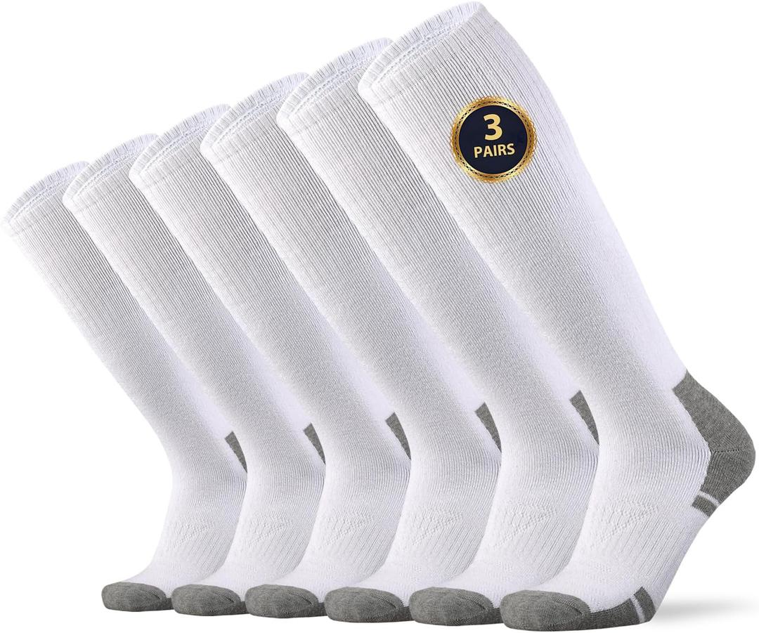 Ortis Cotton Full Cushion Over the Calf Socks OTC Knee High Thick Moisture Wicking Breathable Work Boot Thermal Warm (White)