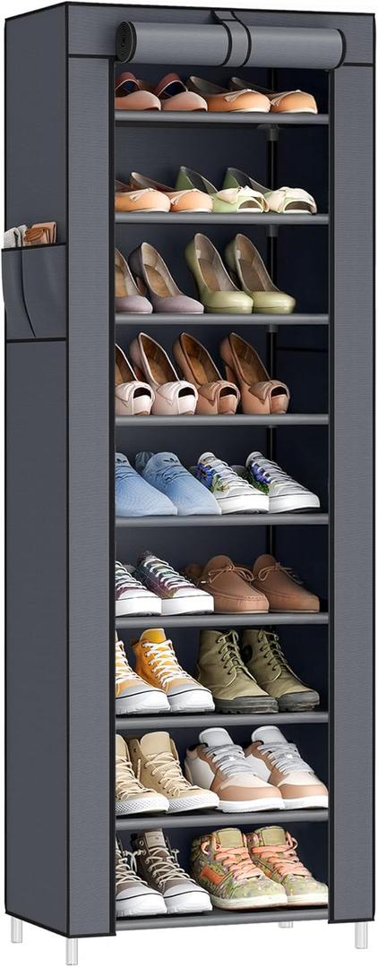 SONGMICS 10-Tier Shoe Rack, Shoe Storage Cabinet with Dustproof Cover, Free-Standing Storage Organizer for Closet, Entryway, Hold 20 Pairs of Shoes, for Sneakers, High Heels, Gray URXJ034GN02 (Grey)