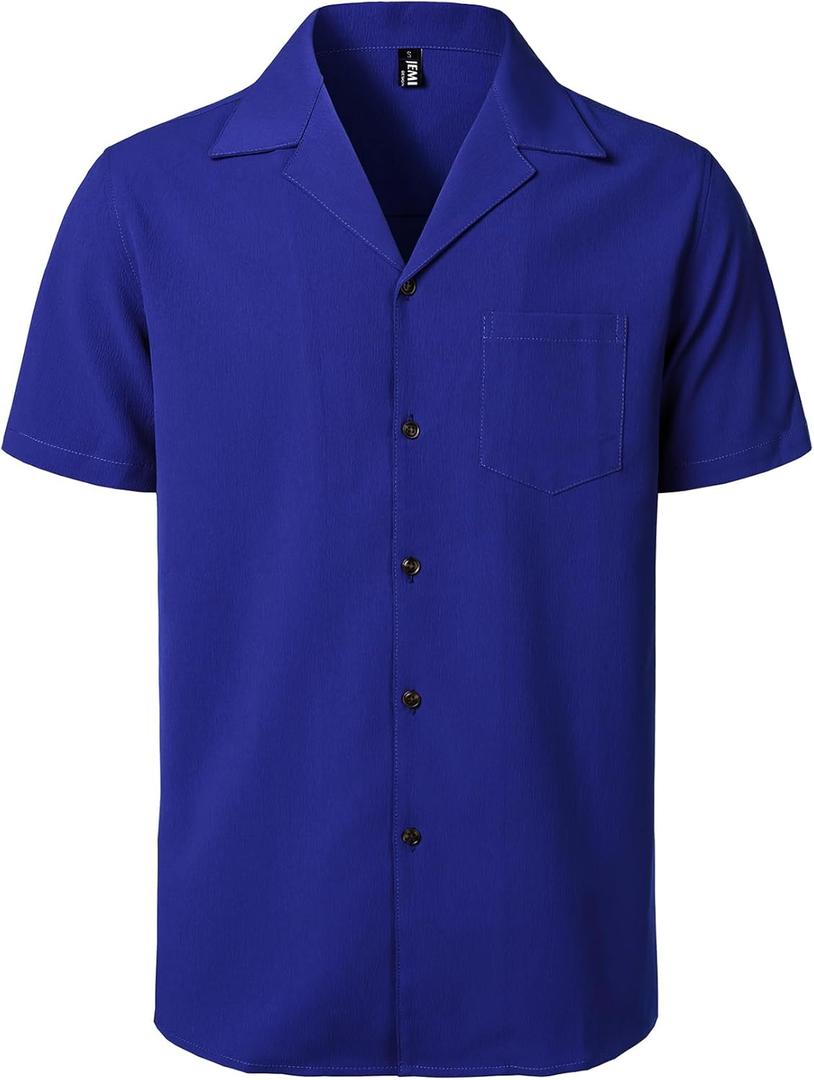 JEMITOP Men's Stretch Cuban Collar Shirt Summer Lightweight Short Sleeve Button Down Shirts with Pocket for Beach Vacation (3X-Large, Royal Blue)