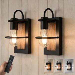  Battery Operated Wall Sconce Set of 2, Wireless Wall Lights with Remote Control, Dimmable 3 Color Temperatures, Rechargeable Wall Sconce with Vintage Faux-Wood Finish for Bedroom Living Room
